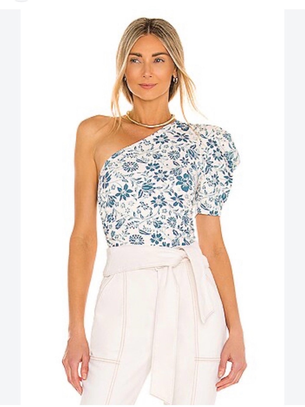 Free People Floral One-Shoulder Bodysuit in Teal and Cream